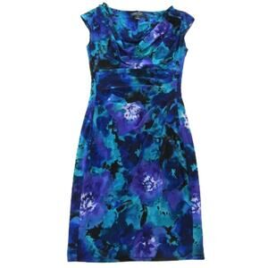 Ralph Lauren Women's 14 Watercolor Floral Stretch Sheath Dress Cowl Neck - EUC